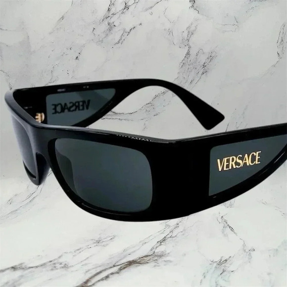 VERSACE Sunglasses New Black Square Wrap Shield Mask Acetate Gold Letter Logo - Picture 5 of 12